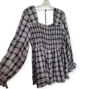 Davi & Dani Plaid Peplum Smocked Long-Sleeve Blouse 3X (runs small) NWT